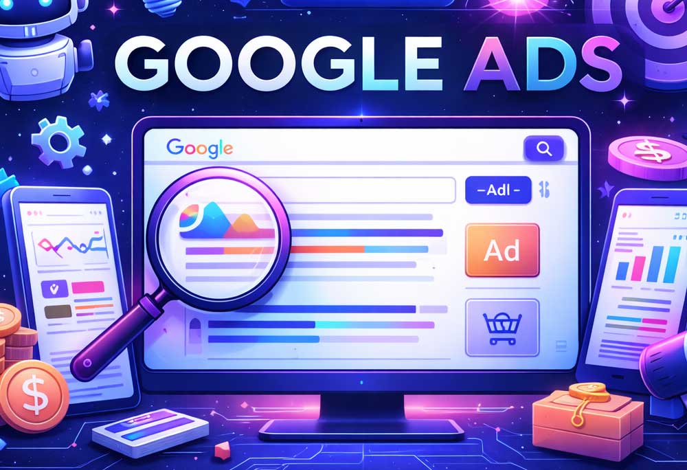 Google Ads 2026 visual showing AI-powered advertising, automation, analytics, and campaign performance